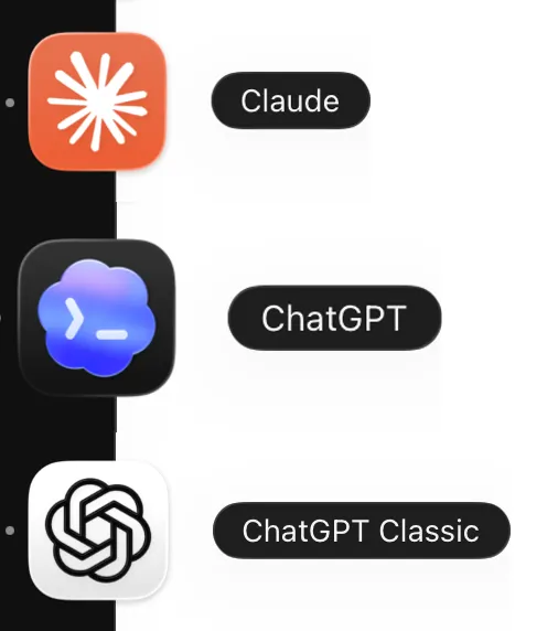 桌面上的 Claude、原 Codex 圖示改名為 ChatGPT、原 ChatGPT 圖示改名為 ChatGPT Classic