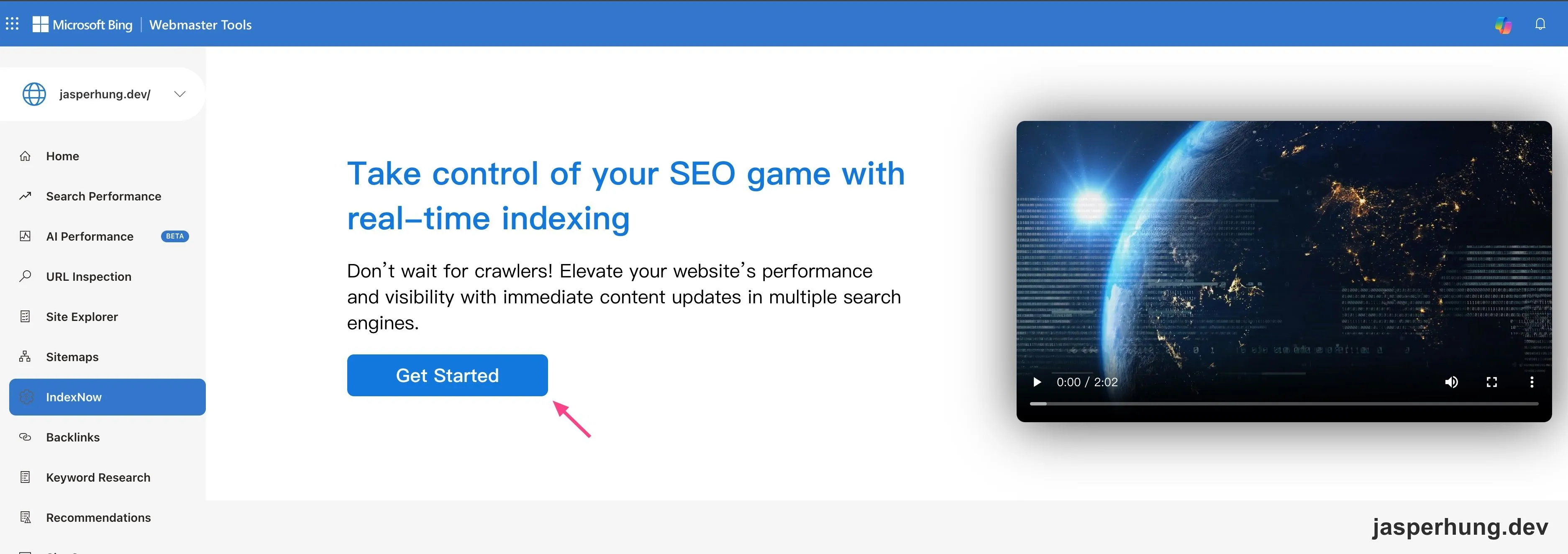 Bing Webmaster Tools 的 IndexNow Get Started 頁面
