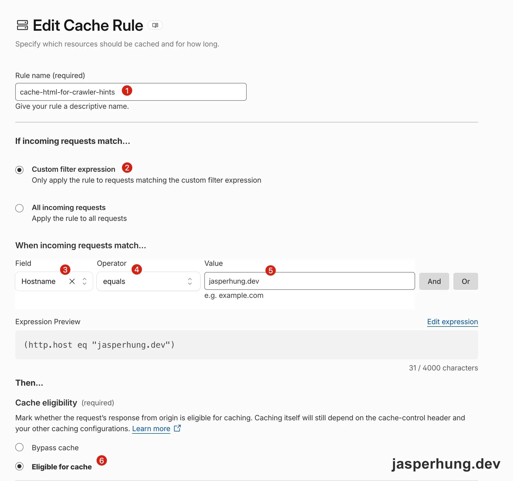 Cloudflare Cache Rule 的 hostname 篩選與 Eligible for cache 設定