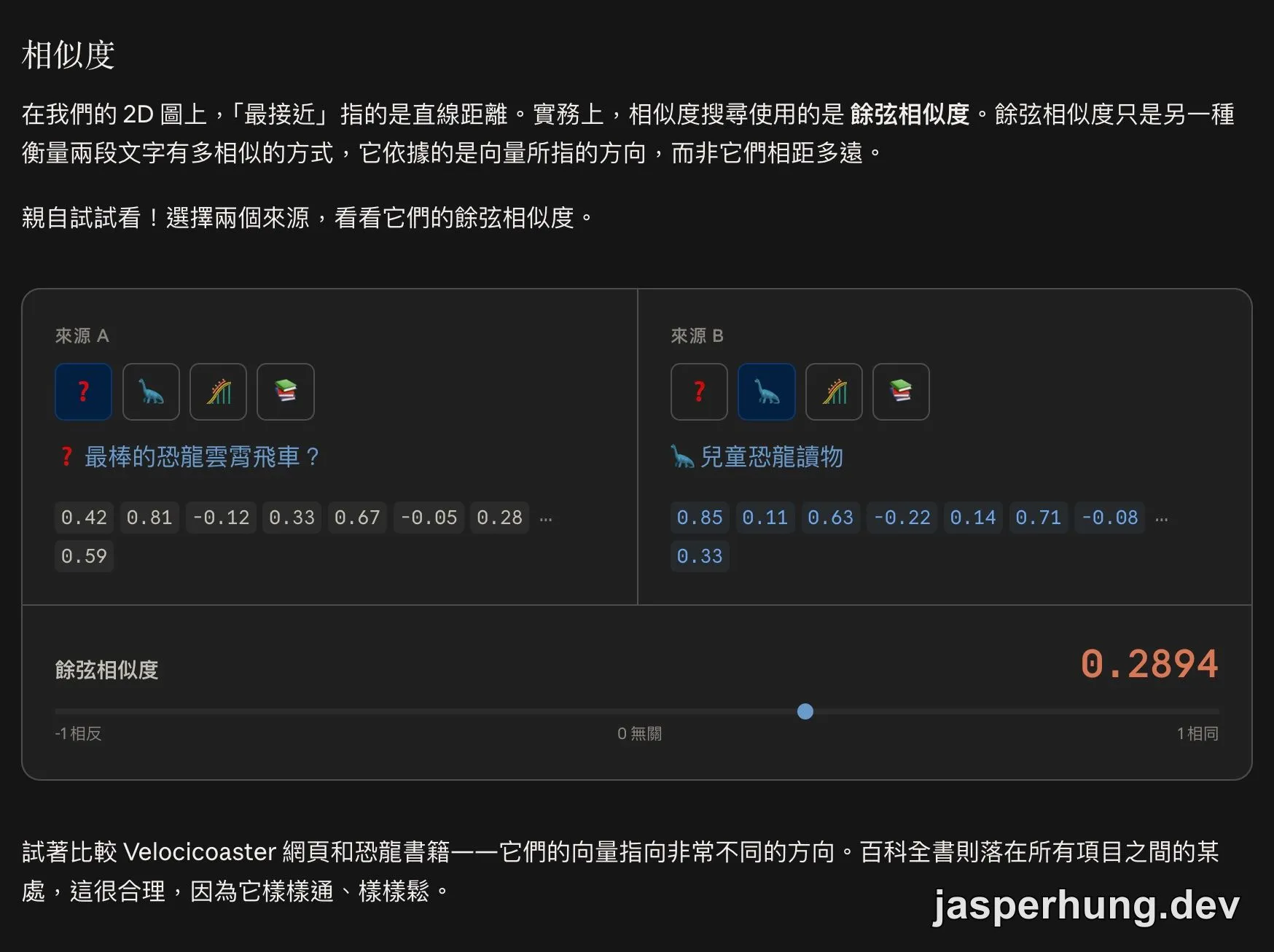 互動 Explorer 的 cosine similarity 示範。