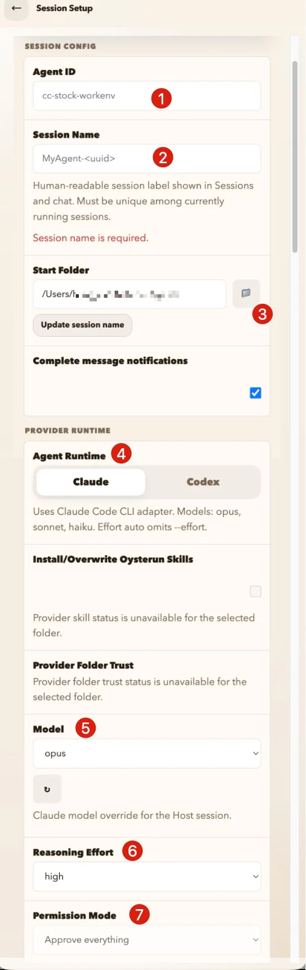 Oysterun 建立 session 時的設定畫面