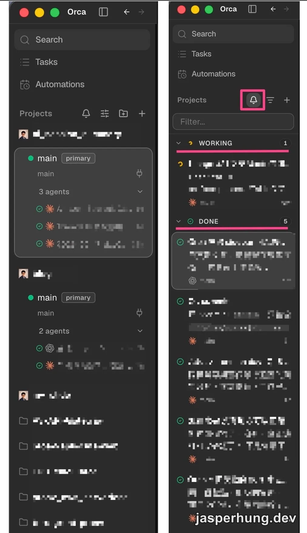 Orca 左側 sidebar 以 Project 整理多個 Agent