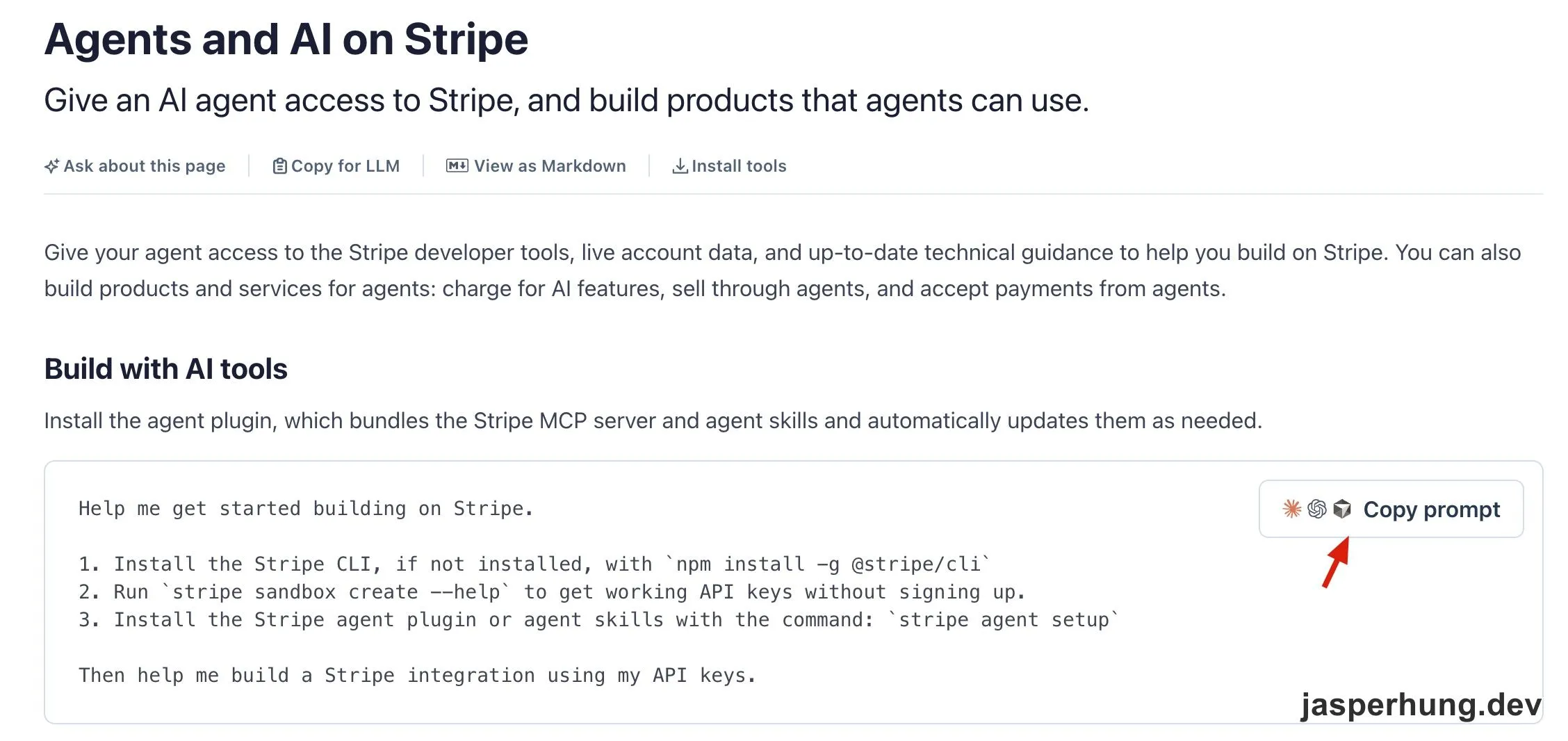 Stripe 文件頁的 Copy for LLM、View as Markdown 與 Copy prompt 按鈕
