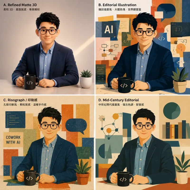 同一個角色設定，只改畫風後產生的 2x2 比較圖。這張也剛好示範了另一個坑：模型把 A/B/C/D 標籤和說明文字直接畫進圖片。